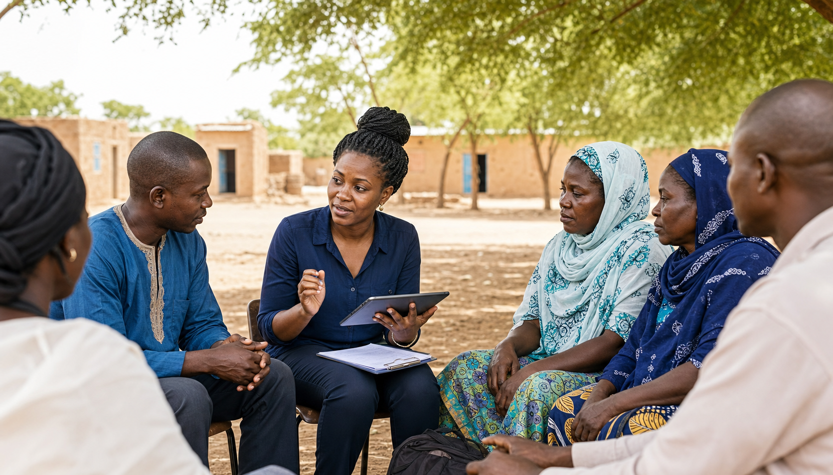 Chercheuse africaine animant un échange participatif sur le terrain